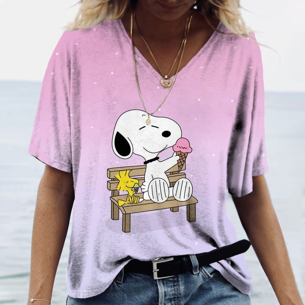 Summer Casual Loose Women's MINISO Snoopy Painting T Shirt Graphic Print V Neck Top Fashion 3d Print Plus Size Clothing