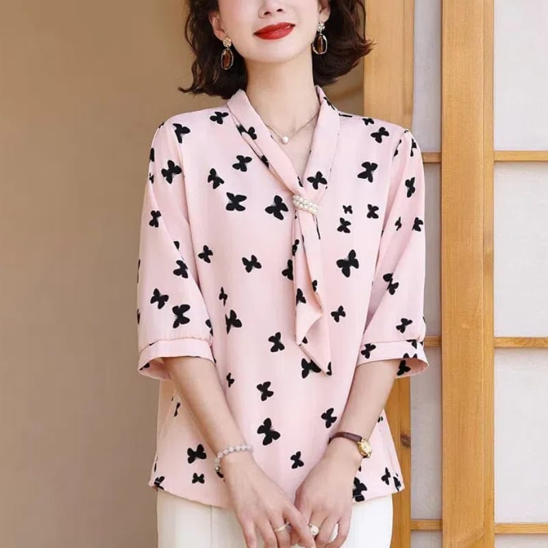 New Summer 2024 Women's Pullover Scarf Collar Patchwork Printing Fashion Loose Minimalist Casual Half Sleeve Blouses Shirts