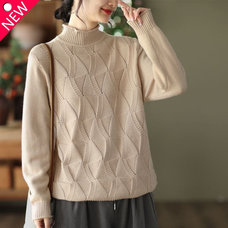 Simplicity Versatile Sweater Women's Clothing Hollowed Out Half High Neck Long Sleeved Solid Color Casual Commuting Pullover