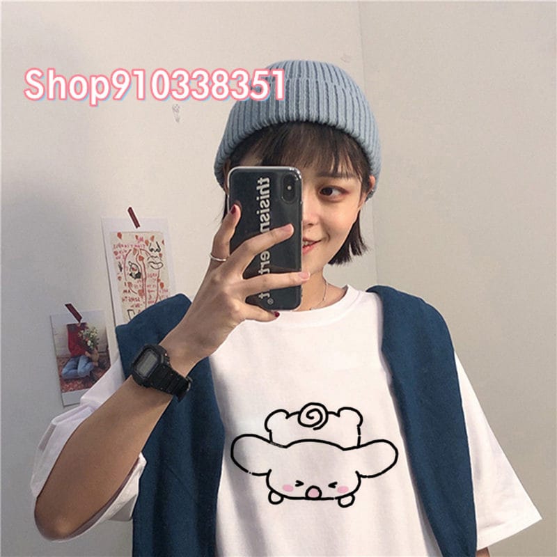 Women's White Round Neck Short Sleeve Hello Kitty Cinnamoroll Kuromi T-Shirt Casual My Melody Printed T-Shirt for Summer Style