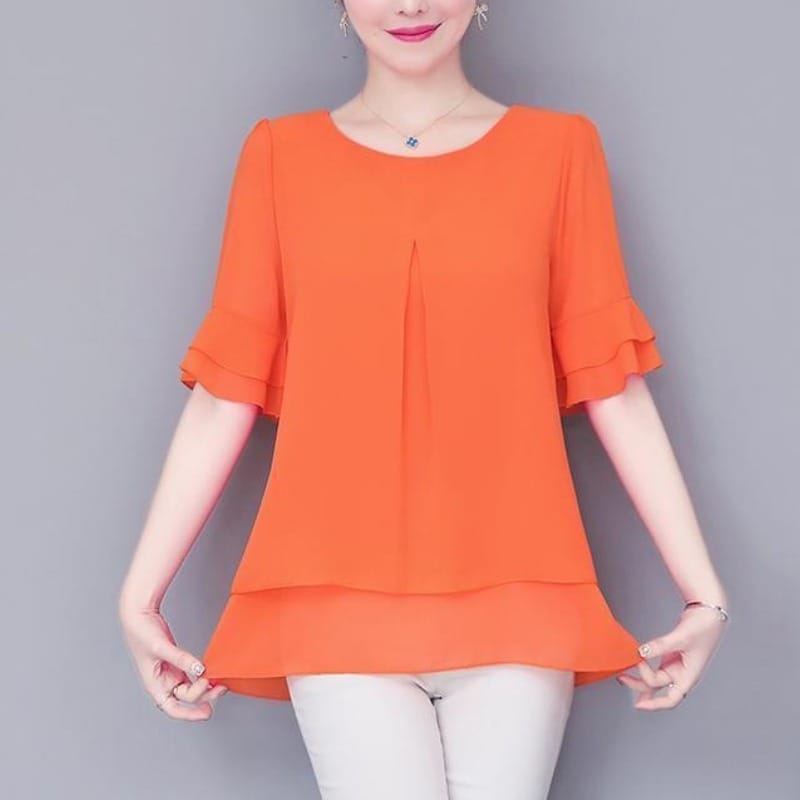 Summer Women's 2024 New Pullover Round Neck Patchwork Solid Color Folds Ruffles Bright Line Decoration Casual Short Sleeved Tops