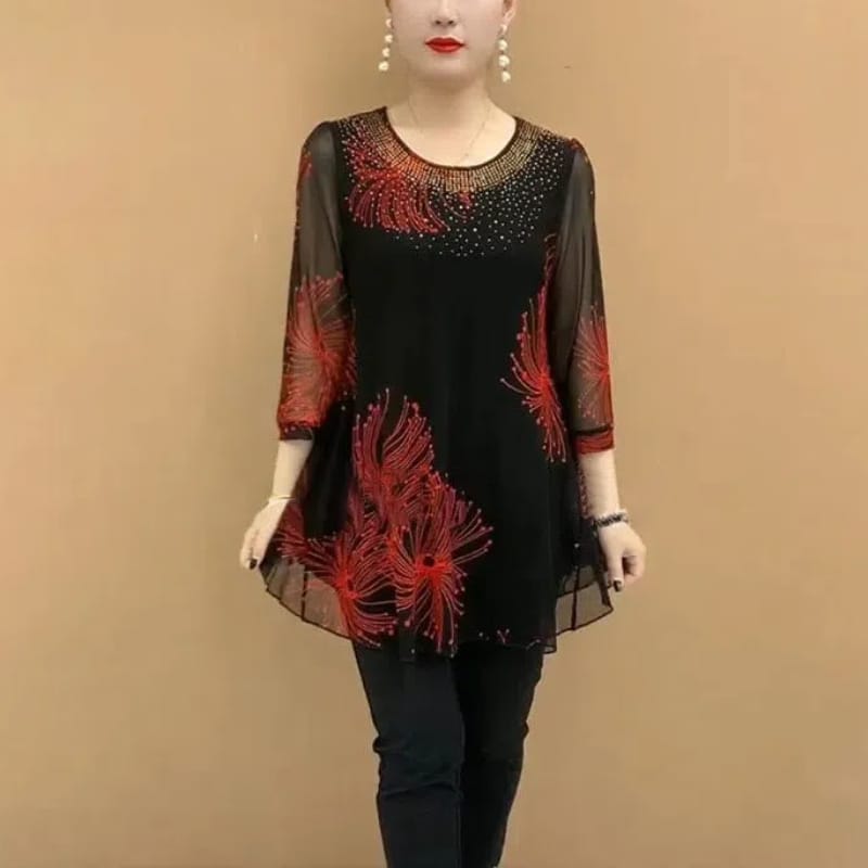 Korean Women's 2024 Summer New Pullover O-Neck Patchwork Printing Rhinestone Gauze Fashion Slim Elegant Casual 3/4 Sleeve Tops
