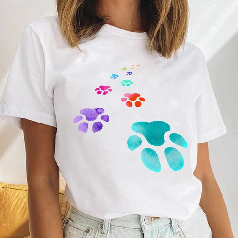 Fashion Explosion Animal Claw Print White Retro Letters Cute Trend Short Sleeve Women's T-shirt Loose Clothes  Oversized T Shirt
