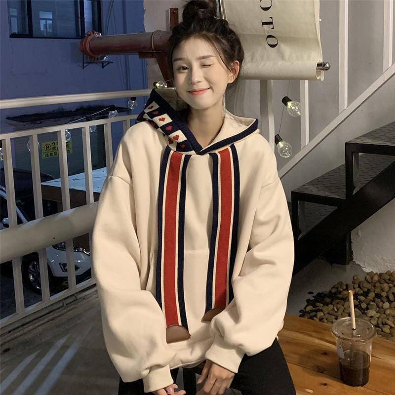 Women's sweatshirt autumn and winter new loose hooded stitching design niche plus velvet thickened jacket tops women clothing