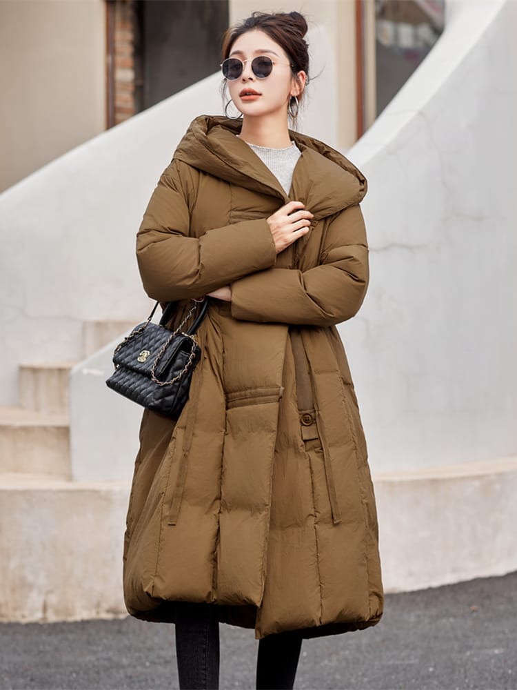 Women's Winter Coats White Duck Down Long Down Jacket  Chinese Style Large Size Loose Casual Hooded  Light Waist Clothing Female