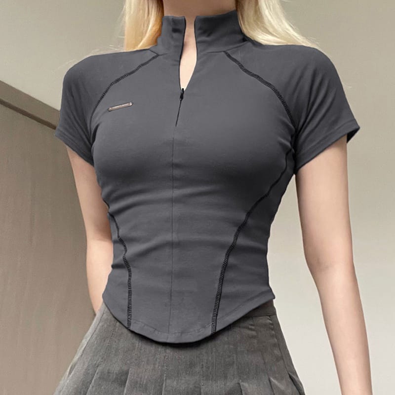 Women' Versatile Blocking Short Sleeves Tops Slimming Bottomed Shirt Minimalist Style Zipper