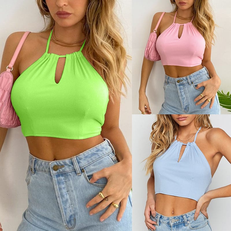 Summer sexy backless Hong Kong style top, women's tie neck, solid color design, casual bottom wrap chest