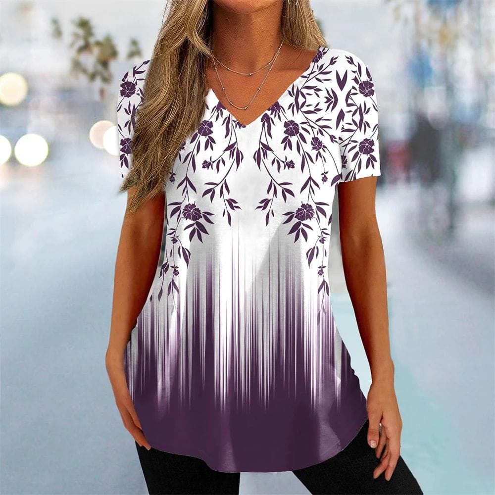 Summer Women's T-shirt 3D Floral Print clothing Beautiful V-neck short sleeve T-shirt Trend Fashion T-shirt women's street