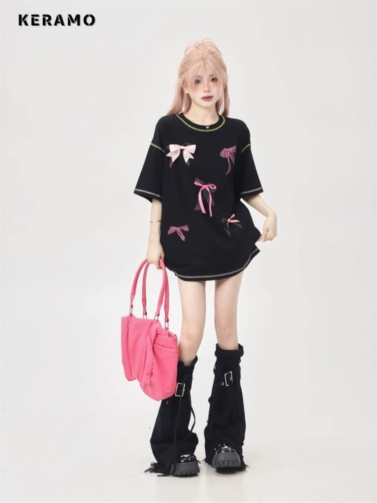 Korean Casual Bow Print Short Sleeve Round Neck Black T-Shirts 2024 Summer Women's Fashion Gothic Loose Sweet Basics Tees Tops