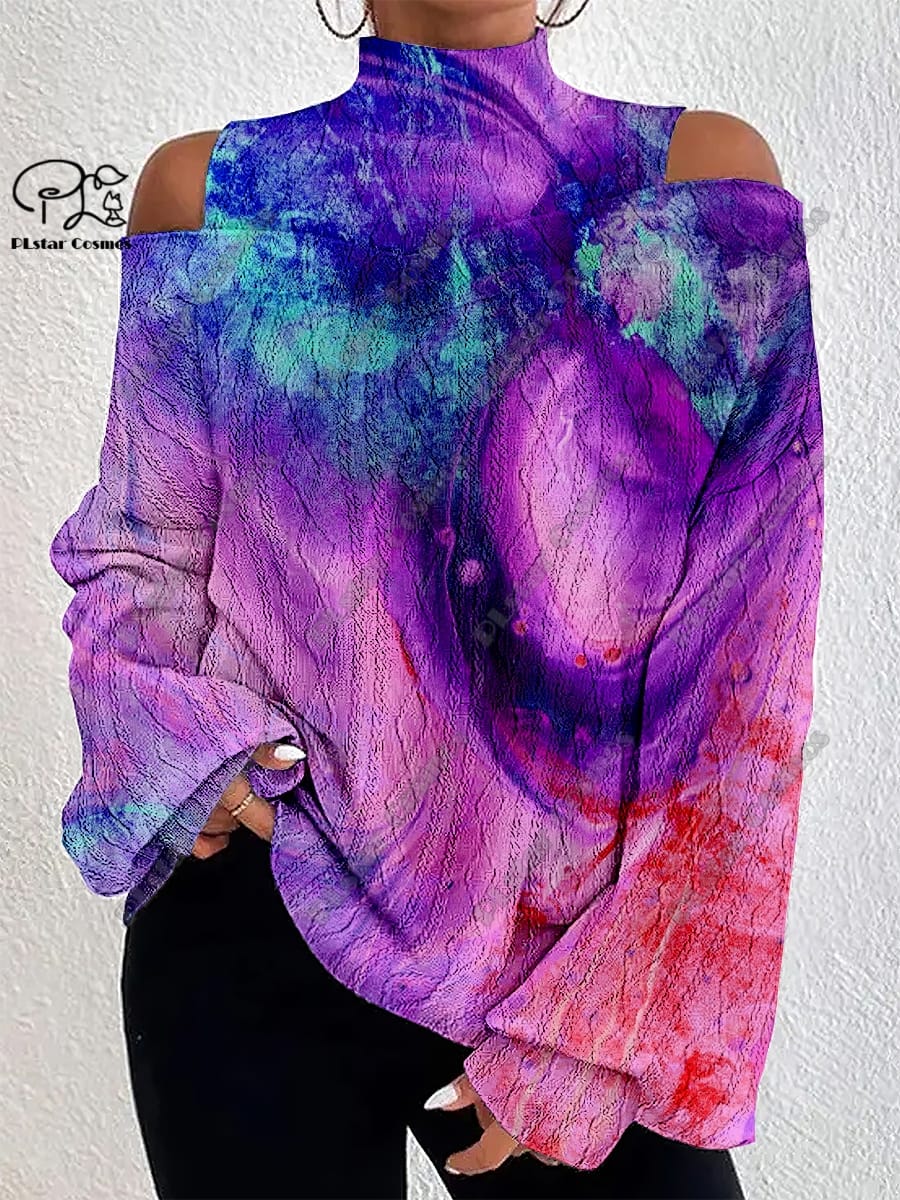 3D printed starry sky gradient series faded pattern women's lantern sleeve off-shoulder texture top casual long sleeve daily J-5