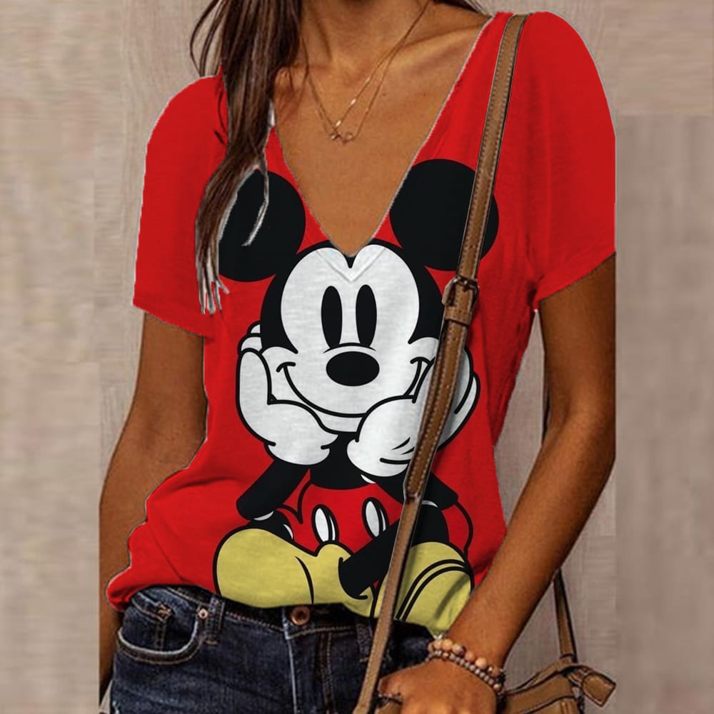 2024 Summer Women's Elegant Short sleeved Retro Disney Mickey Mouse Print Top Daily Street Fashion T-shirt Sexy V-neck T-shirt