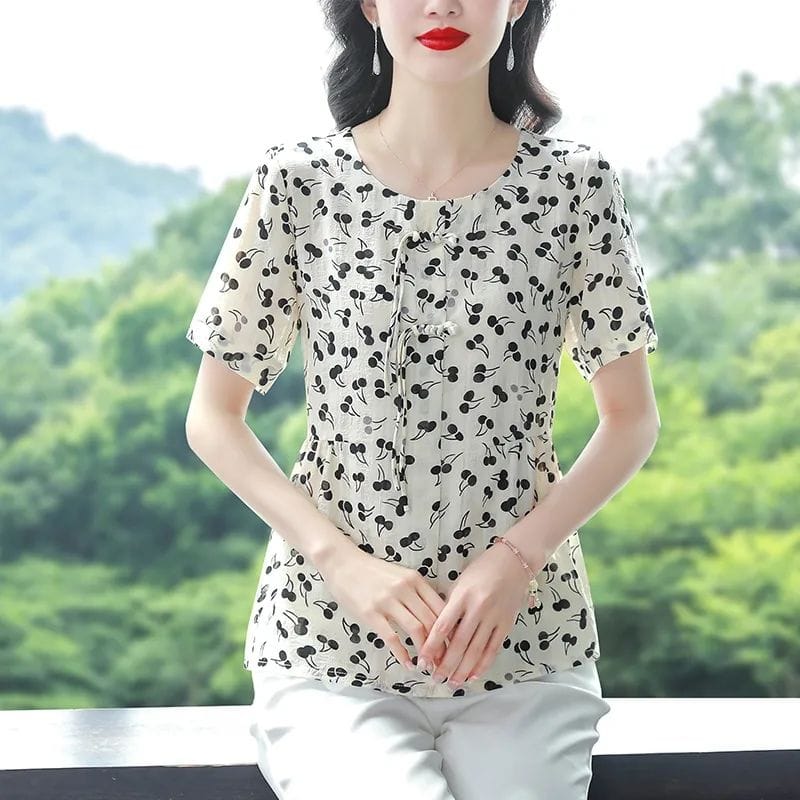 Fashion Summer 2024 Women's New Pullover O-Neck Patchwork Button Printing Slim Minimalist Casual Short Sleeve Blouses Shirts