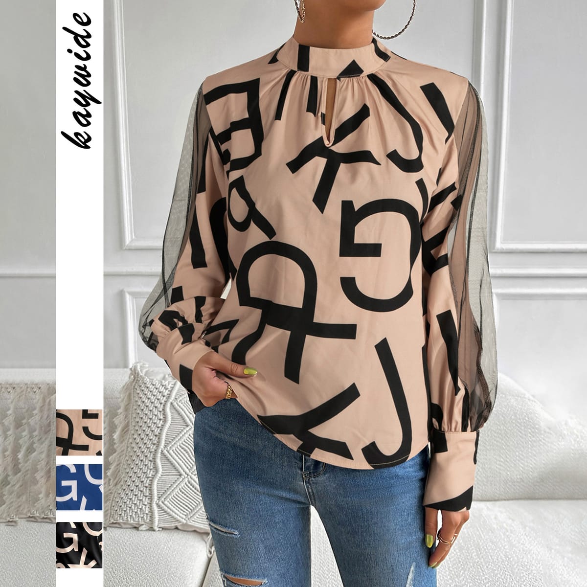 High Quality Printed Shirt Women's Autumn 2024 Temperament Commuting Long Sleeved Shirt with Hollowed Out Mesh Sleeve Shirt Y2k