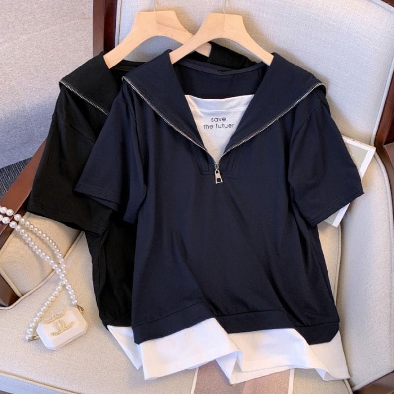 Fake two short-sleeved women's new summer design, half zipper, T-shirt, sweater, loose and slim top