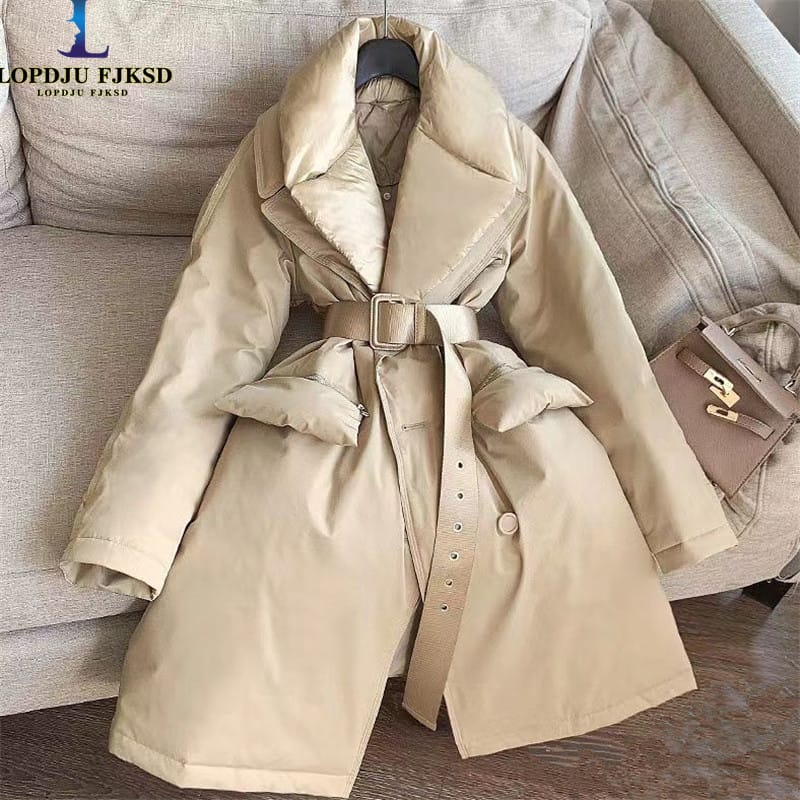 Women's Adjustable Waist Coat, White Duck Down Jacket, England Style Parkas, Single Breasted Oversize Female Clothing,Winter,New
