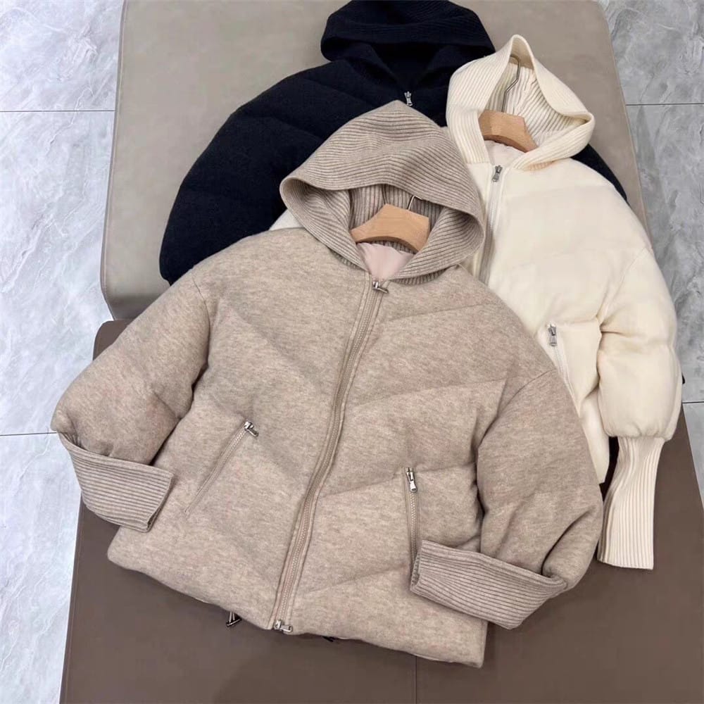 2024 Women's New Knitted Horseshoe Sleeve Hooded Down Jacket Zip Bread Clothing Sheep Wool Thick Coat Female