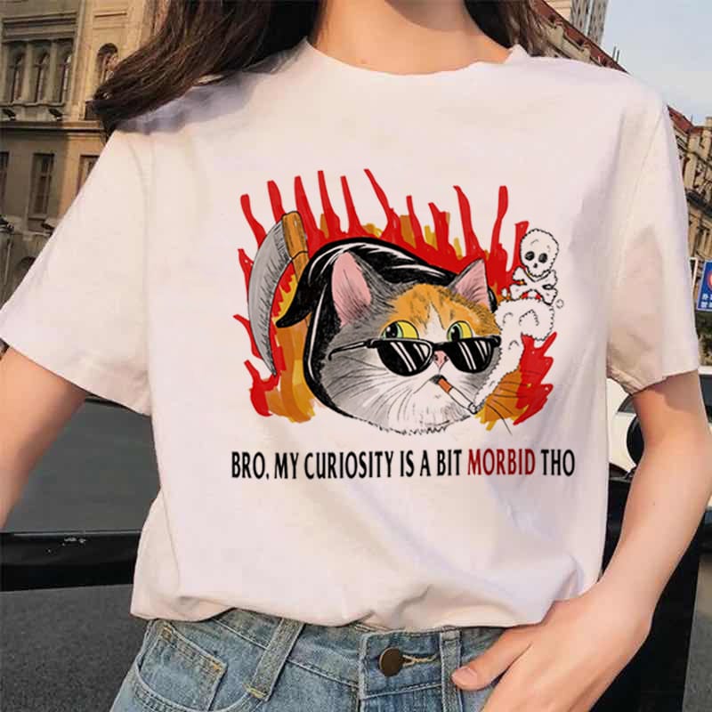 Trendy Street Women's Cartoon Fun 90s Cat Print Short Sleeve Casual Style T-Shirt Women's Print Summer Basic Top Print T-Shirt.