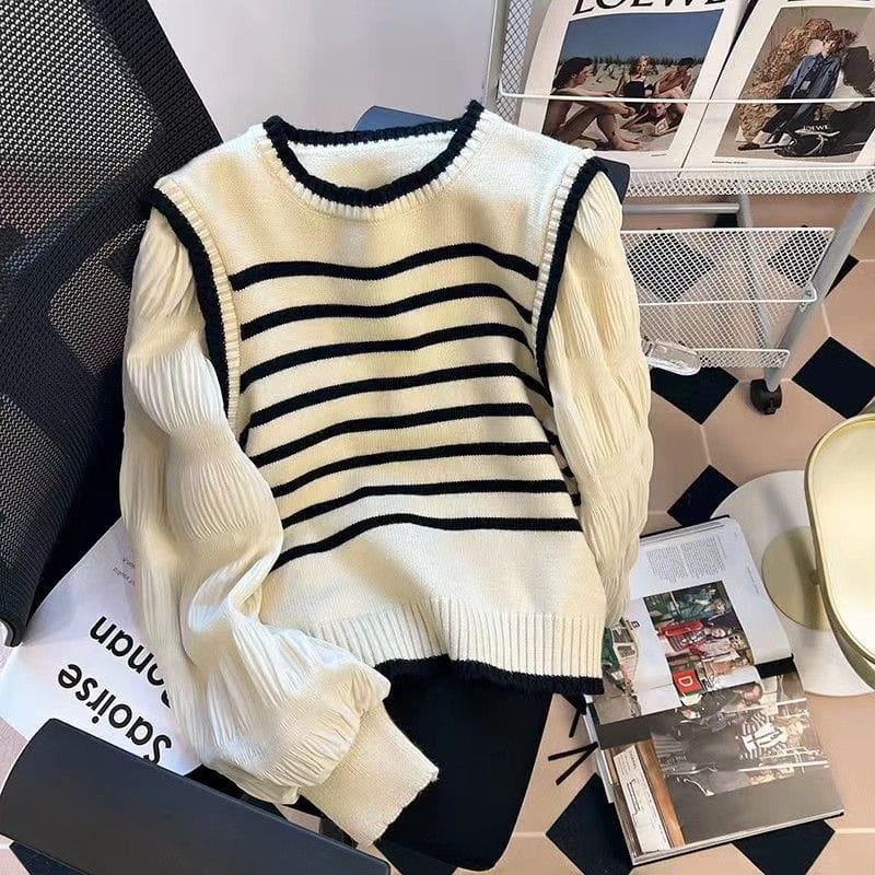 Women Sweater French Patchwork Striped Knitted Sweater Korean Shirt Women's Spring Beautiful Sweater Sweet Bubble Sleeve Top