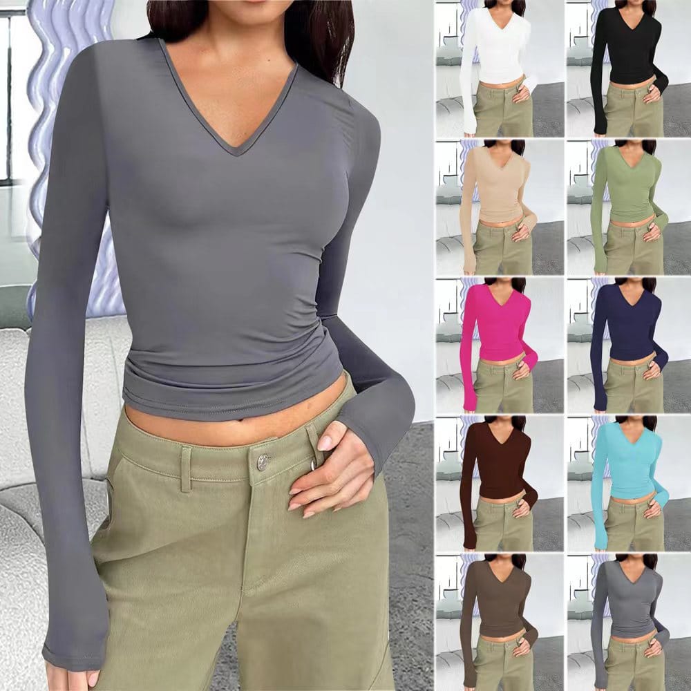 2023 Autumn and Winter Women's New Commuter Casual Solid Fit V-neck Long Sleeve Comfortable Versatile and Affordable T-shirt