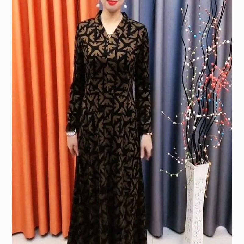 Autumn Fashion Women's V-neck Printed Long Sleeved Waist Cinching Dress Spring Fashion Commuting Elegant Casual Dress