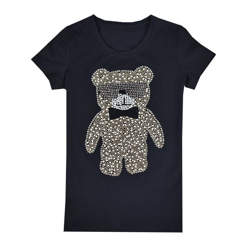 t shirt Summer Rhinestones Bear Print t shirt women Round Neck Short Sleeve Shirt Women's Clothing American Apparel Tees