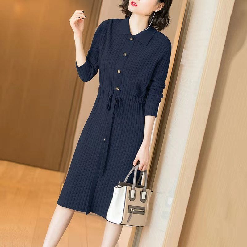 Autumn Women's New Minimalist Lapel Tie Up Solid Color Long Sleeved Knitted Dress, Loose Fitting and Comfortable Winter Dress