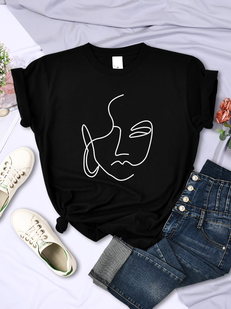 Simple Stroke Face Prints Women's T-shirt Hip Hop Breathable Short Sleeve Soft Street Casual Top Women's T-shirt