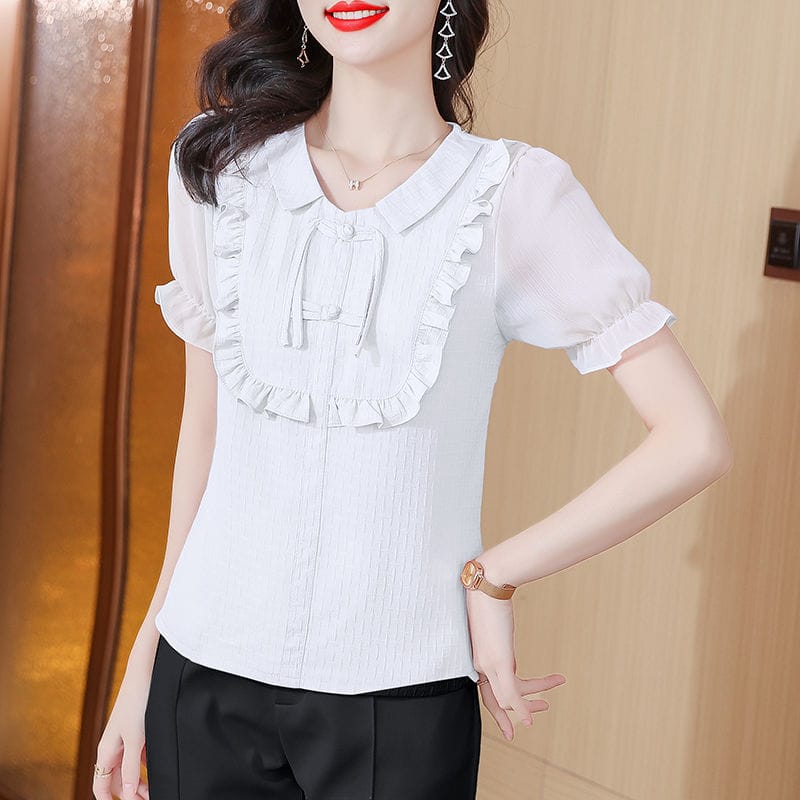 2023 New Summer Fashion Trend Retro Plate Button Doll Collar Versatile Solid Color Commuter Casual Short Sleeve Women's Shirt