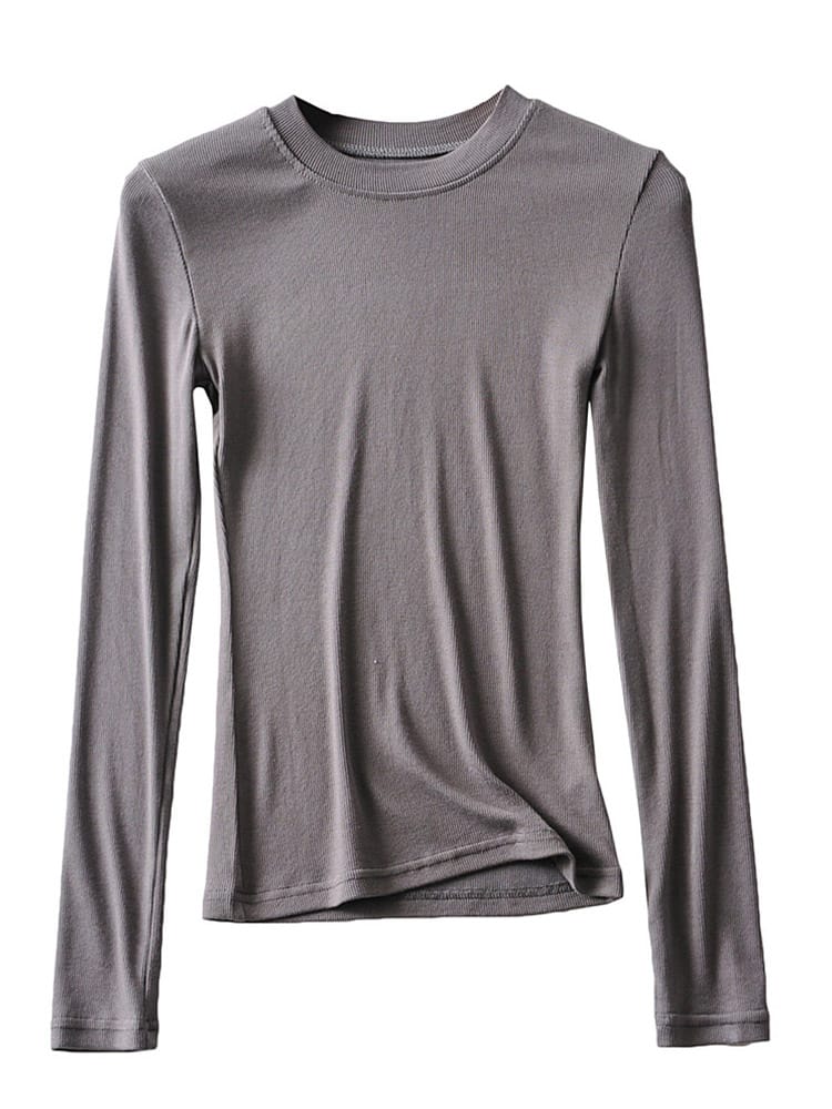 Women's Slim Elastic O-Neck Full-Sleeve T-Shirt, Cotton Kintted Tops, Casual Clothing, 2024