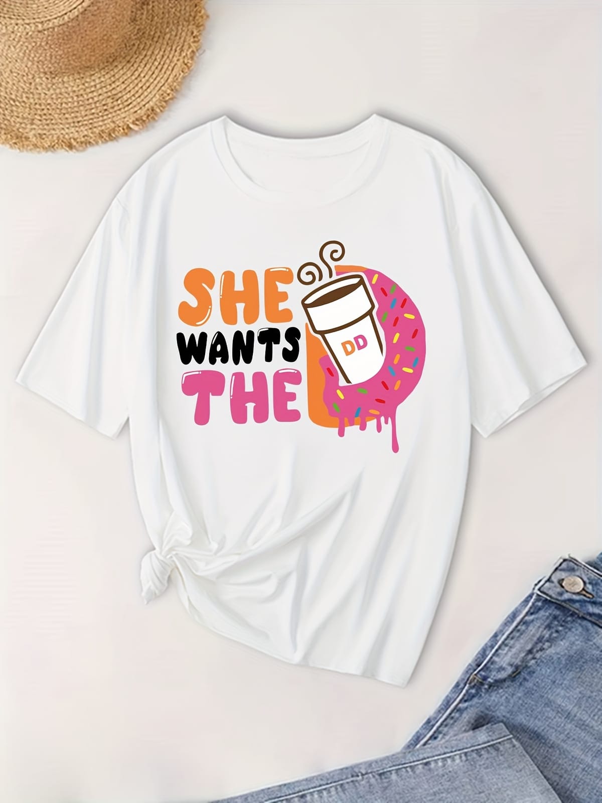Plus Size Coffee Print T-Shirt, Casual Crew Neck Short Sleeve T-Shirt, Women's Plus Size Clothing