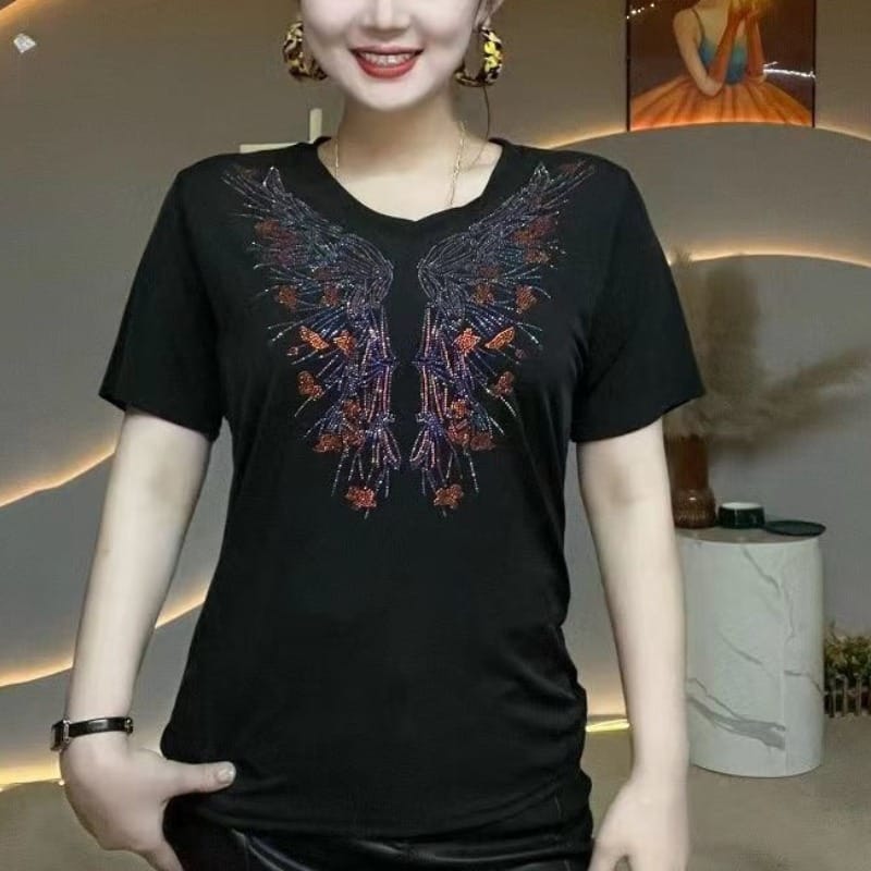 Korean Women's Summer 2024 New Patchwork Pullover O-Neck Rhinestone Printing Fashion Minimalist Slim Short Sleeve T-Shirts Tops