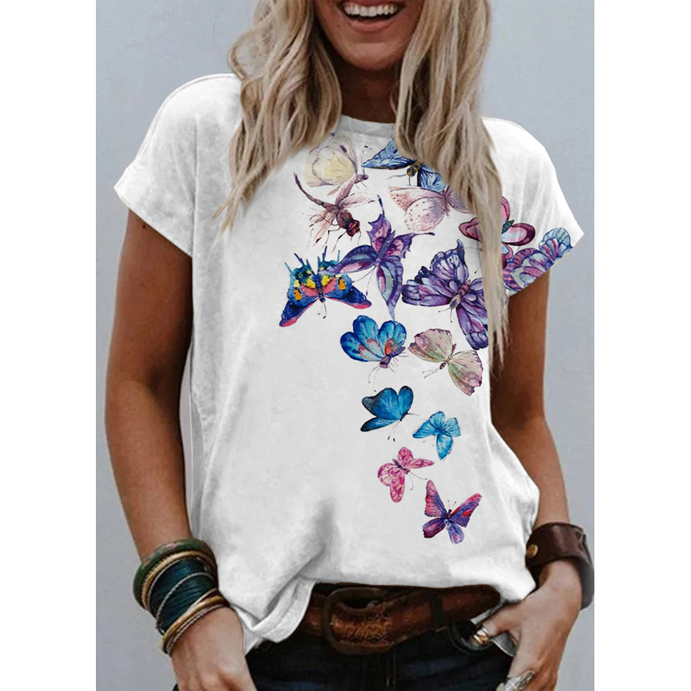 Funny Butterfly Printed Short-Sleeve O-neck Fashion Women's Basic Tee Tops Casual Summer Sportwear Female Clothes Casual T-shirt