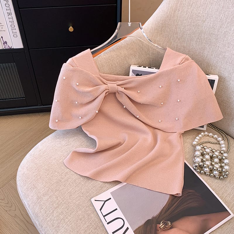Top women's summer 2024 new French gentle shoulder fashion Joker bow top short sleeve sweater t shirt women