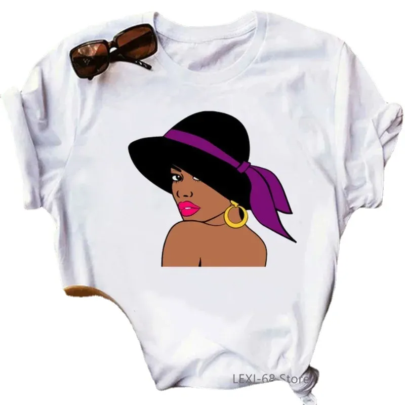 Women's Short Sleeve T-shirt New African Girl Cartoon Letter Print Fashion Tops Aesthetic Clothes Oversized T Shirt Harajuku Tee