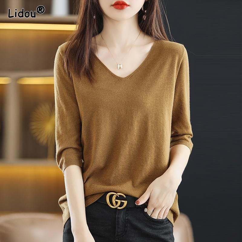 V-neck Spring Autumn Solid Three Quarter 2022 New Women's Clothing Fashion Korean All-match T-Shirts Casual Trend Comfortable