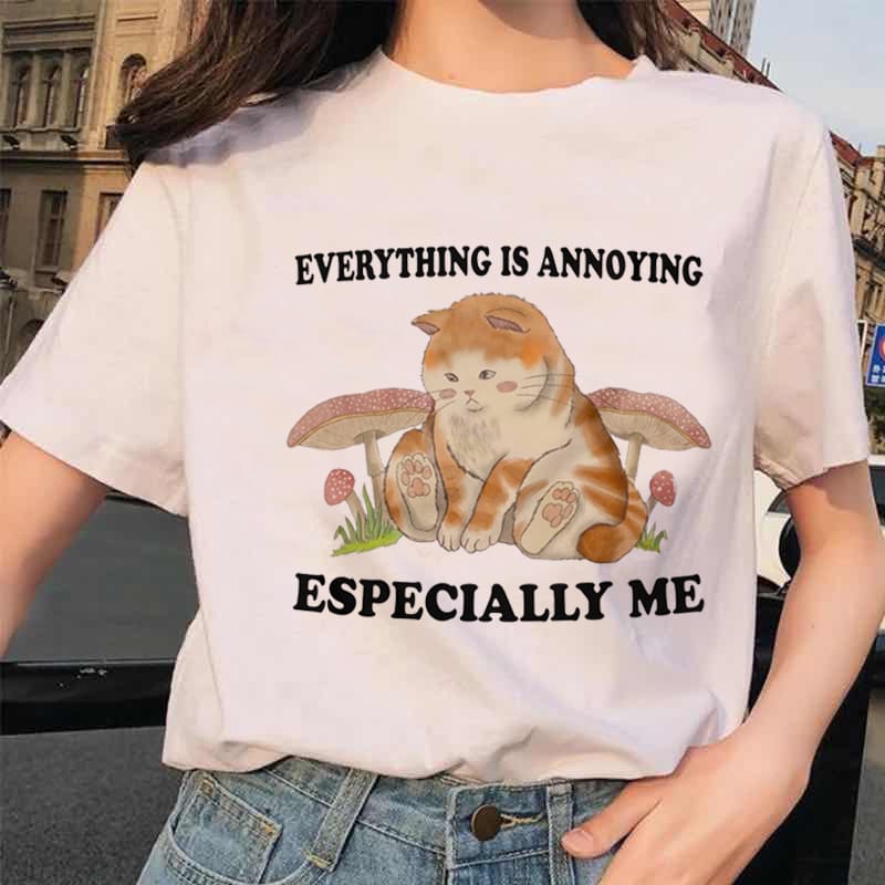 Kawaii Cute Style Mushroom Print Summer Short Sleeved Casual Style Cartoon Printed Cat Pattern T-Shirt Women's Basic T-Shirt.