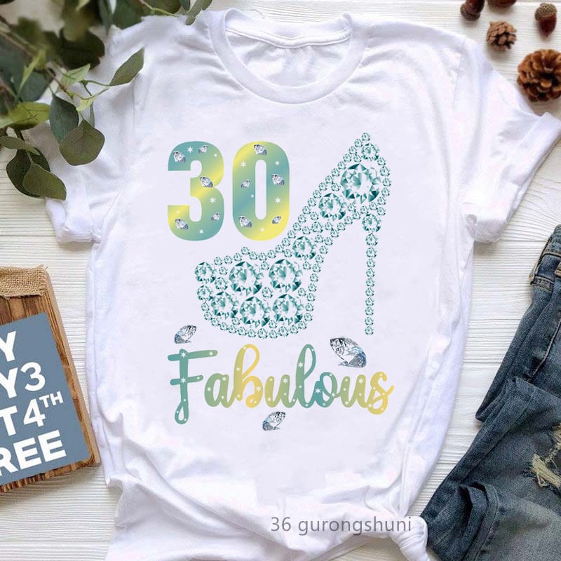 New Diamond High-Heeled Shoes 30th Graphic Print T-Shirt Women'S Clothing Happy Birthday Tshirt Femme Summer Stylish T Shirt