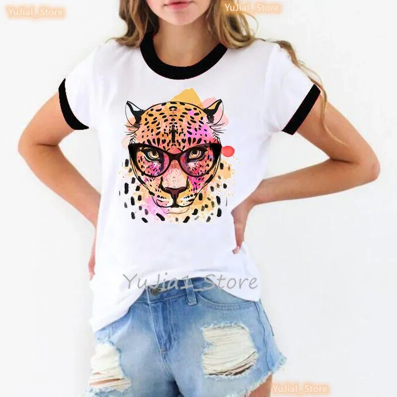 Watercolor Tigers Wear Glasses Print T Shirt Women'S Clothing Summer Short Sleeve Tshirt Femme Fashion Casual T-Shirt Female