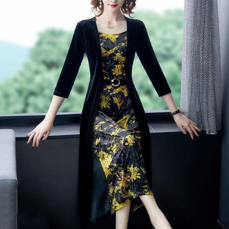 2023 Autumn Women's New Gold Velvet Printed Fake Two Piece Square Neck 3/4 Sleeve Dress Spring Flowing Commuting Elegant Dress