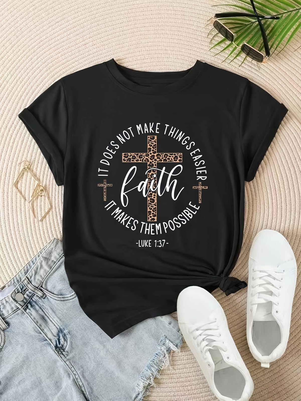 Cross & Faith Letter Print T-shirt - Women's Casual Short Sleeve Top for Spring & Summer
