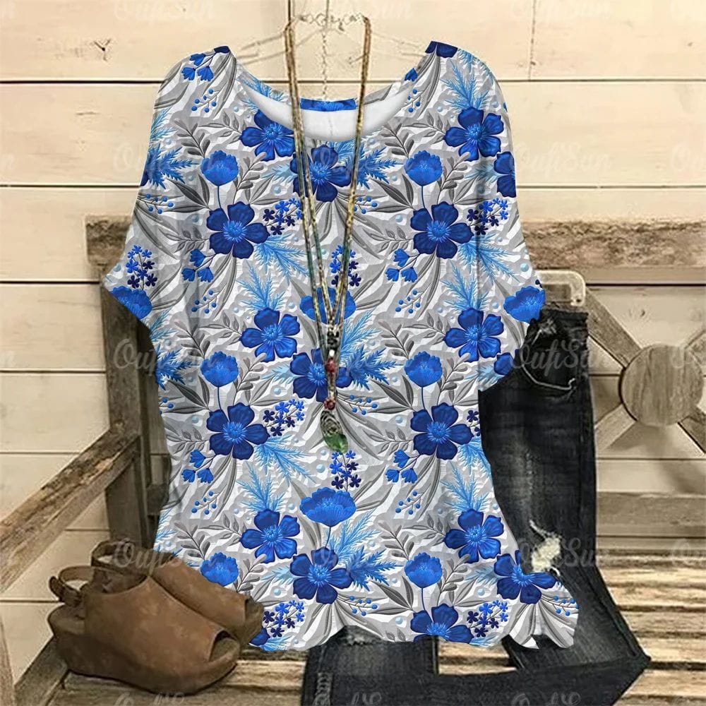 Spring women's T-shirt oversized top Flower picture O neckline women's summer short-sleeved T-shirt Harajuku women's jumper