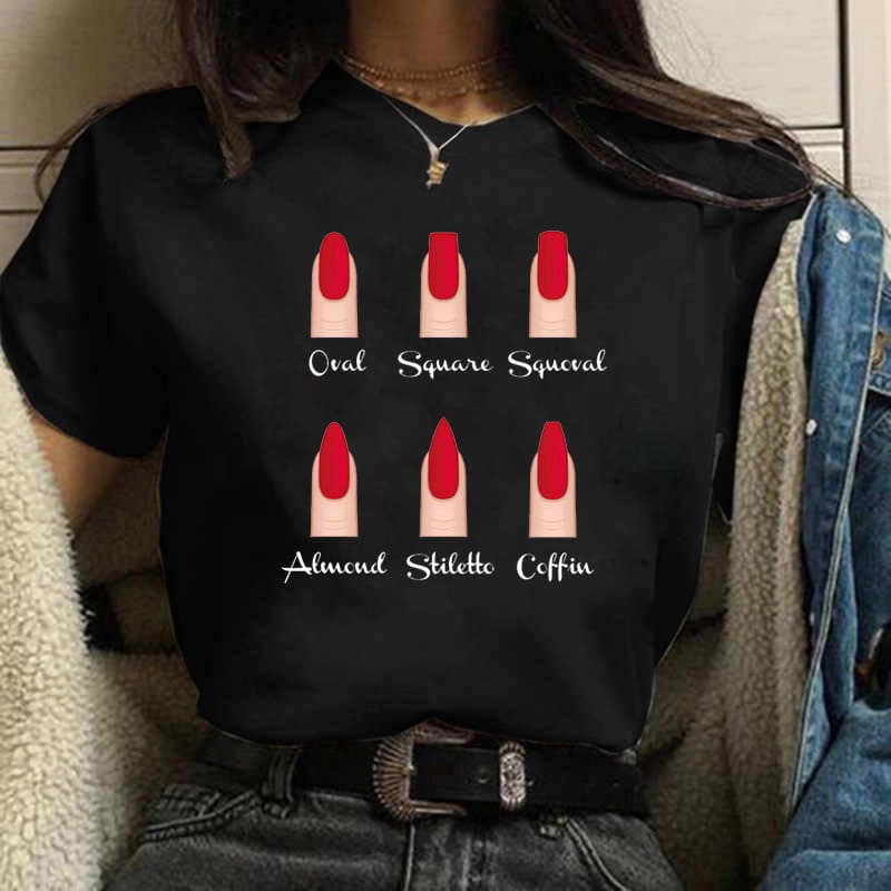 2023 Summer New White Short Sleeve Polyester T-Shirt Women's Loose Korean Nail Print Couple T-Shirt