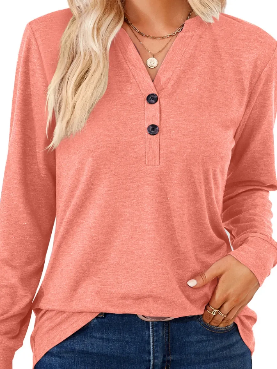 Women's Long Sleeve V-Neck Button Solid Loose T-shirt, Tops