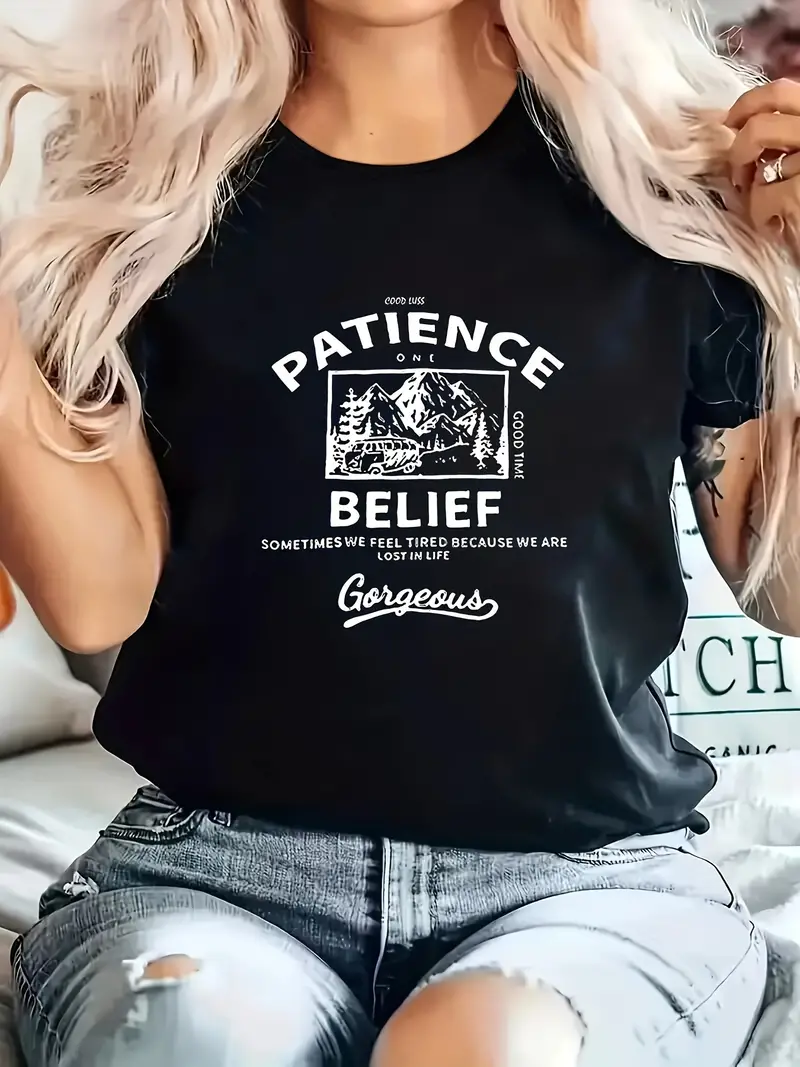 Patience Belief Letter Printed Short Sleeved Casual Women's Fashion Women's Pattern T-shirt Women's Printed Summer T-shirt