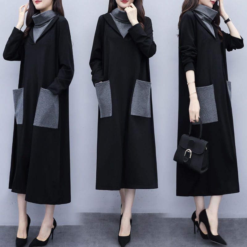 Winter Women's Temperament Splicing Fake Two-piece Scarf Collar Long Sleeved Real Pocket Long Dress Casual Loose Fitting Dress