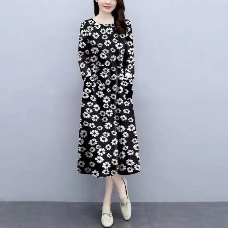 Women's 2024 Spring and Autumn New Spliced O-Neck Printed Button Fashion Loose Minimalist Casual Versatile Long Sleeve Dresses