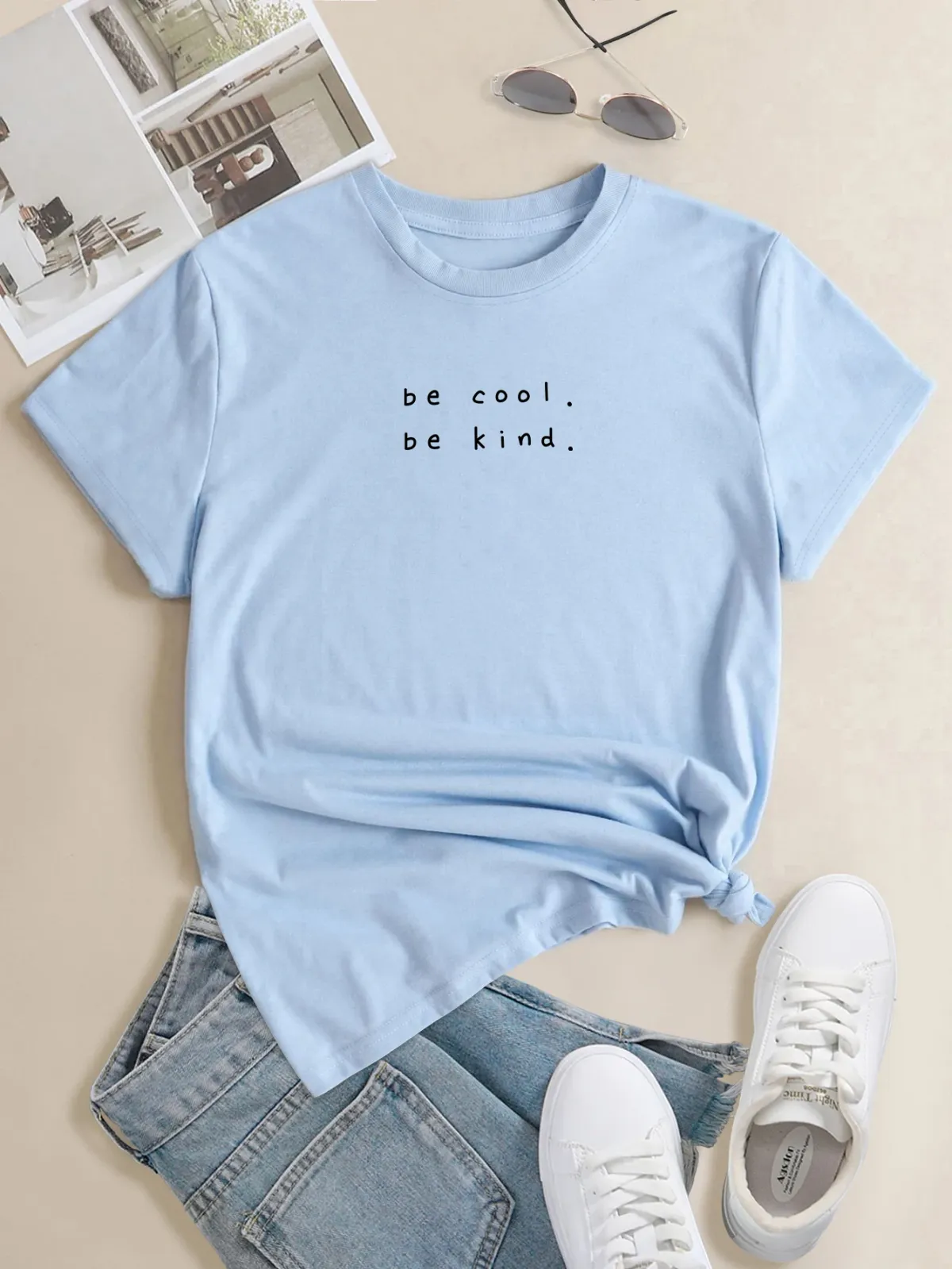 'Be Cool Be Kind' Tee Print Crew Neck T-shirt Women's Casual Loose Fashion Summer Tops Short Sleeve Vintage Casual Clothes