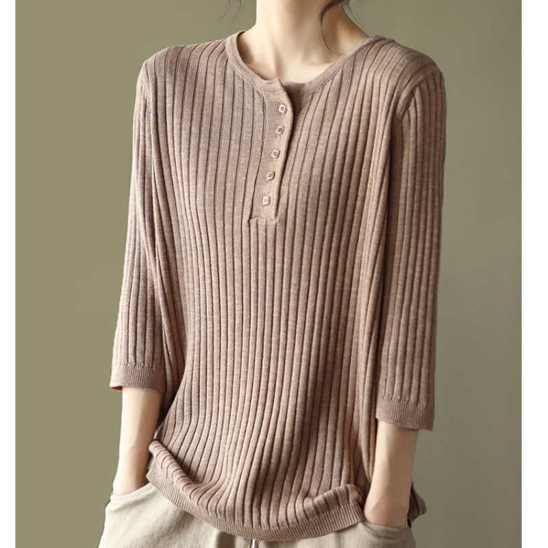 2023 Autumn and Winter New Casual Versatile Commuter Women's clothing Splice Button Round Neck 3/4 Sleeve Solid Color Pullover