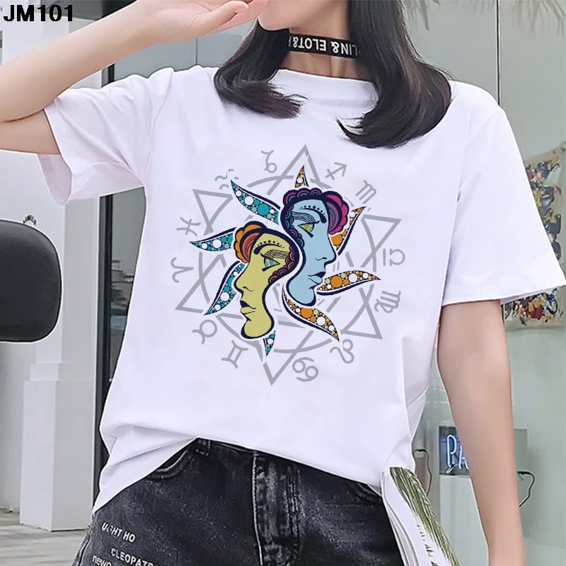 White Women's T Shirt Harajuku Twelve Constellation Printed Woman Tshirt Fashion O-neck Short Sleeve Top Female Clothing T-shirt