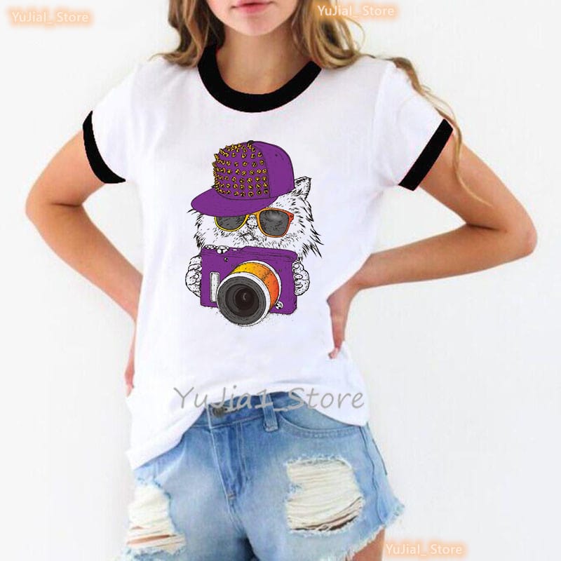 Cat Love Camera Print T Shirt Women'S Clothing Summer Fashion Tops Tee Shirt Femme Harajuku Shirt Funny T-Shirt Female